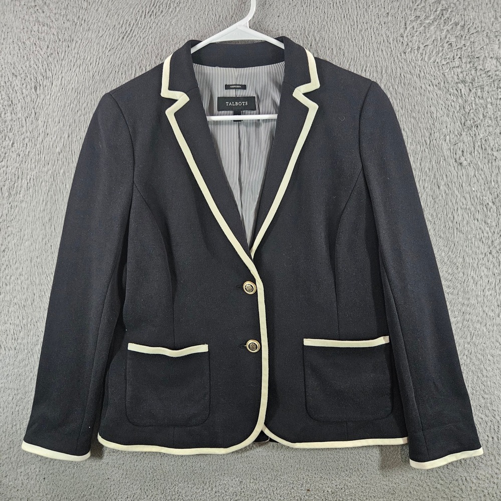 Talbots Aberdeen Blazer Navy Cream Trim Knit Jacket Gold Crest Buttons 8 NEW